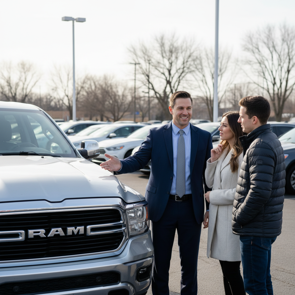 Car salesman presenting a Ram truck to a young couple at a dealership.