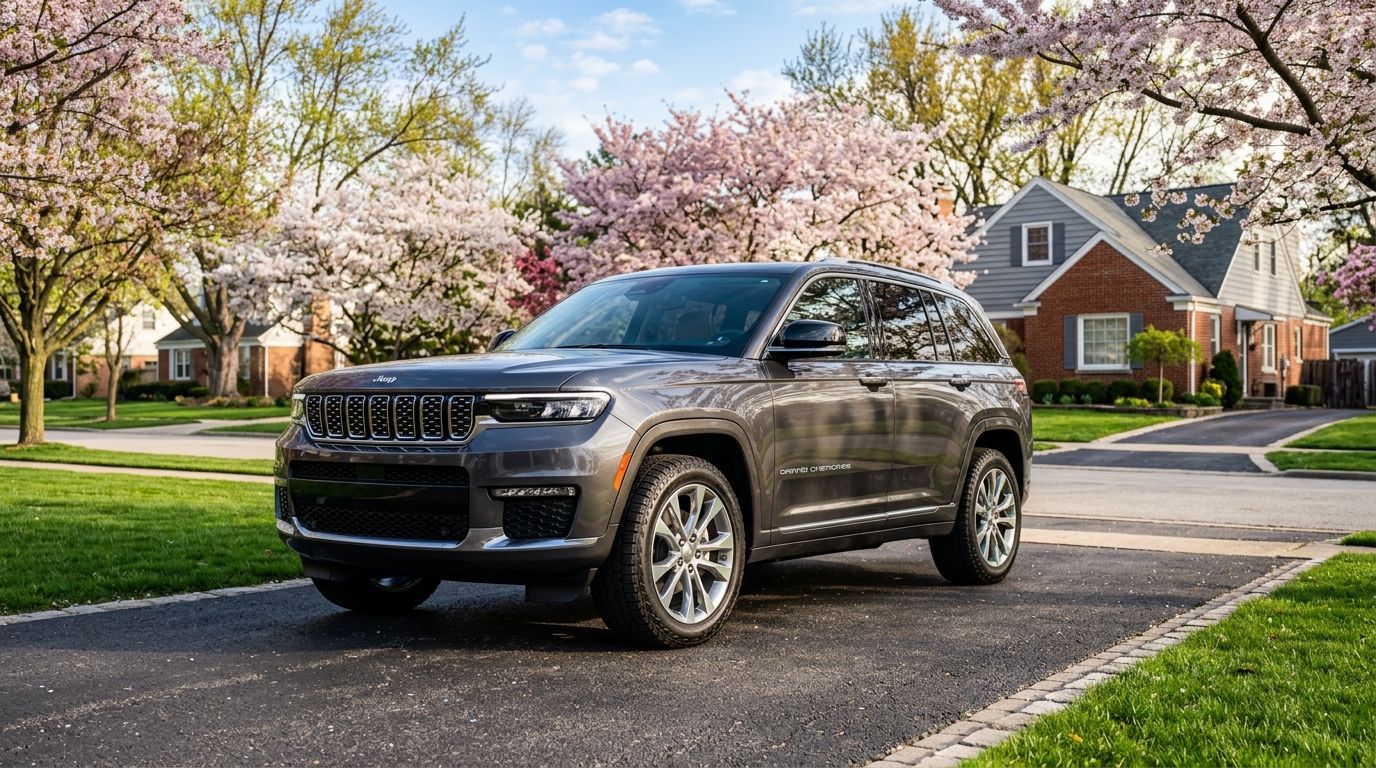 A gray Jeep Grand Cherokee parked on a residential driveway surrounded by blooming pink cherry blossom trees.