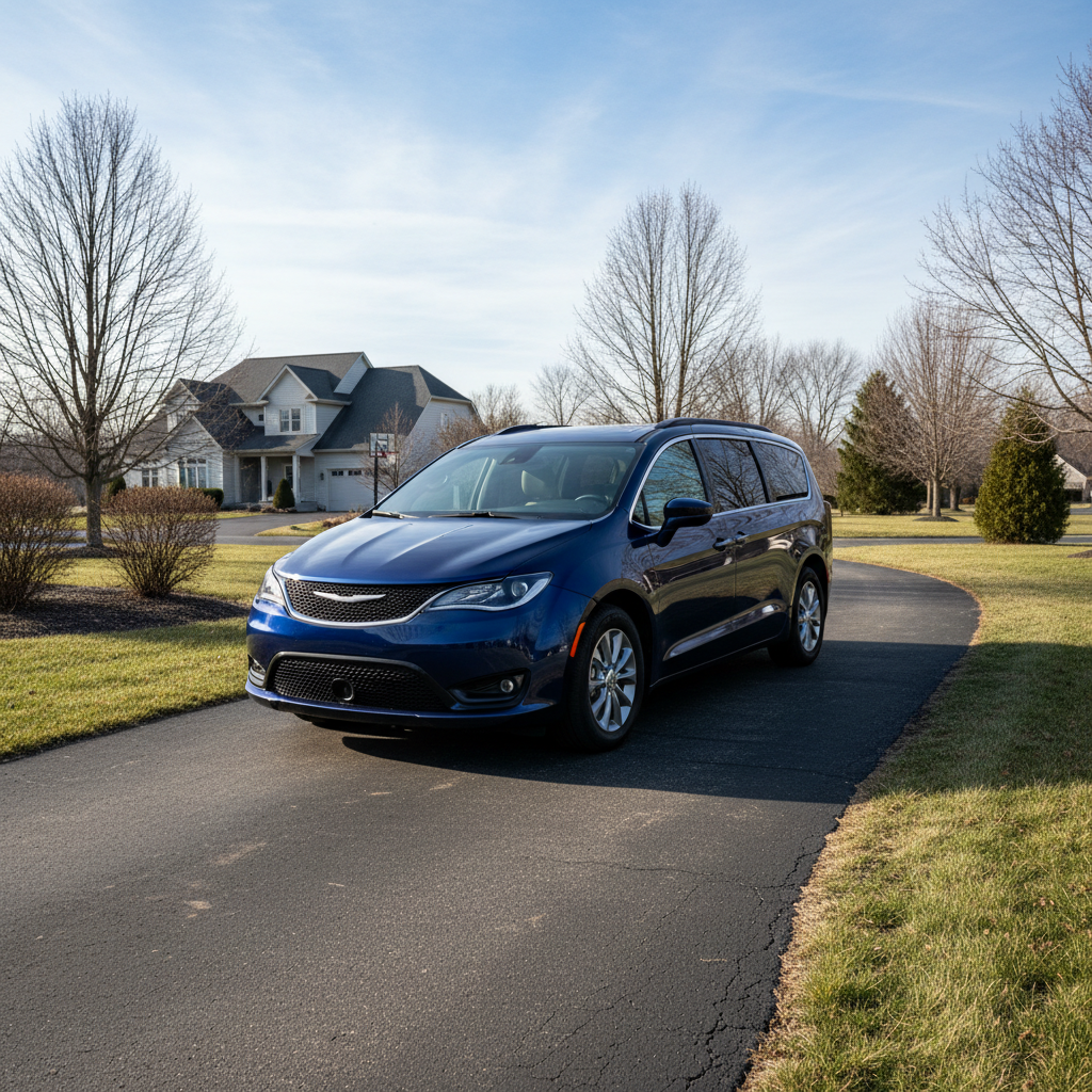 Blue 2026 Chrysler Pacifica minivan parked on driveway of suburban home on a sunny day.