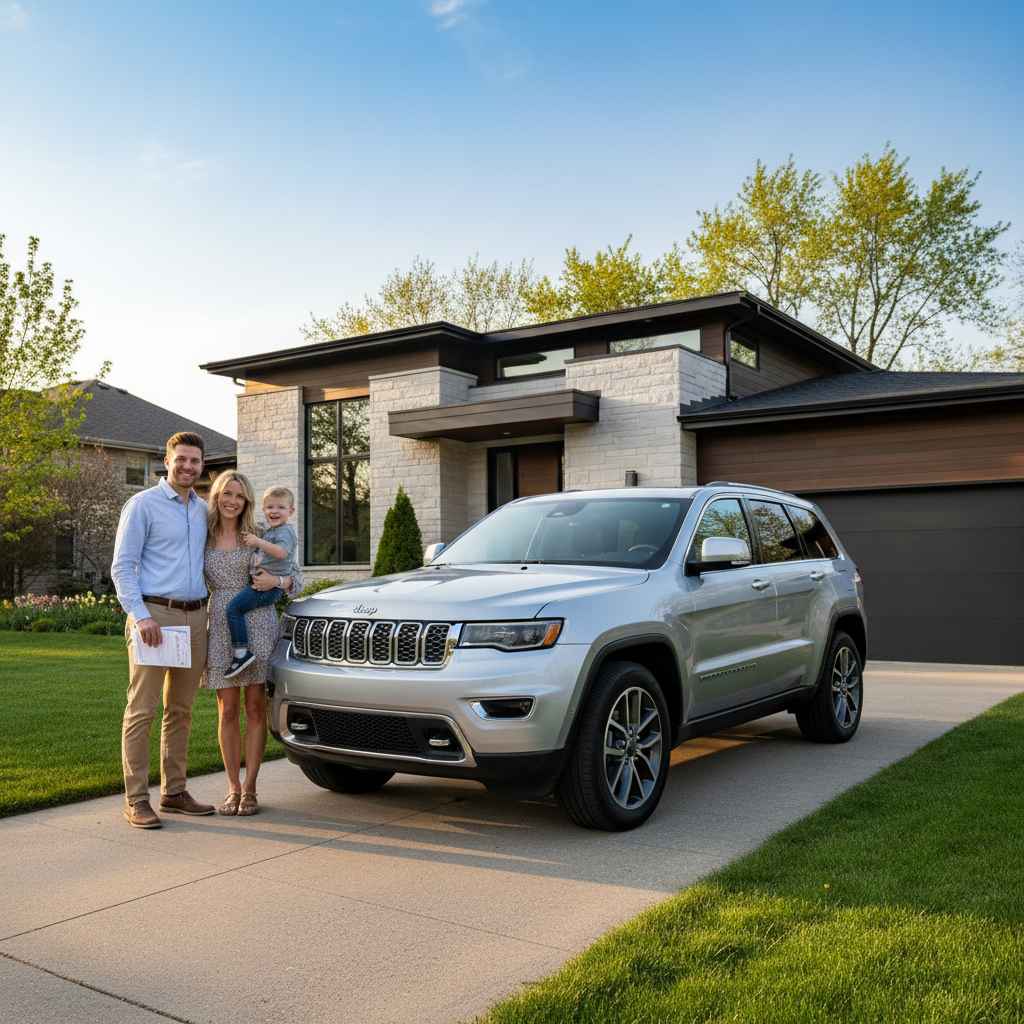 Family of three standing in front of a silver Jeep Grand Cherokee, house in the background.