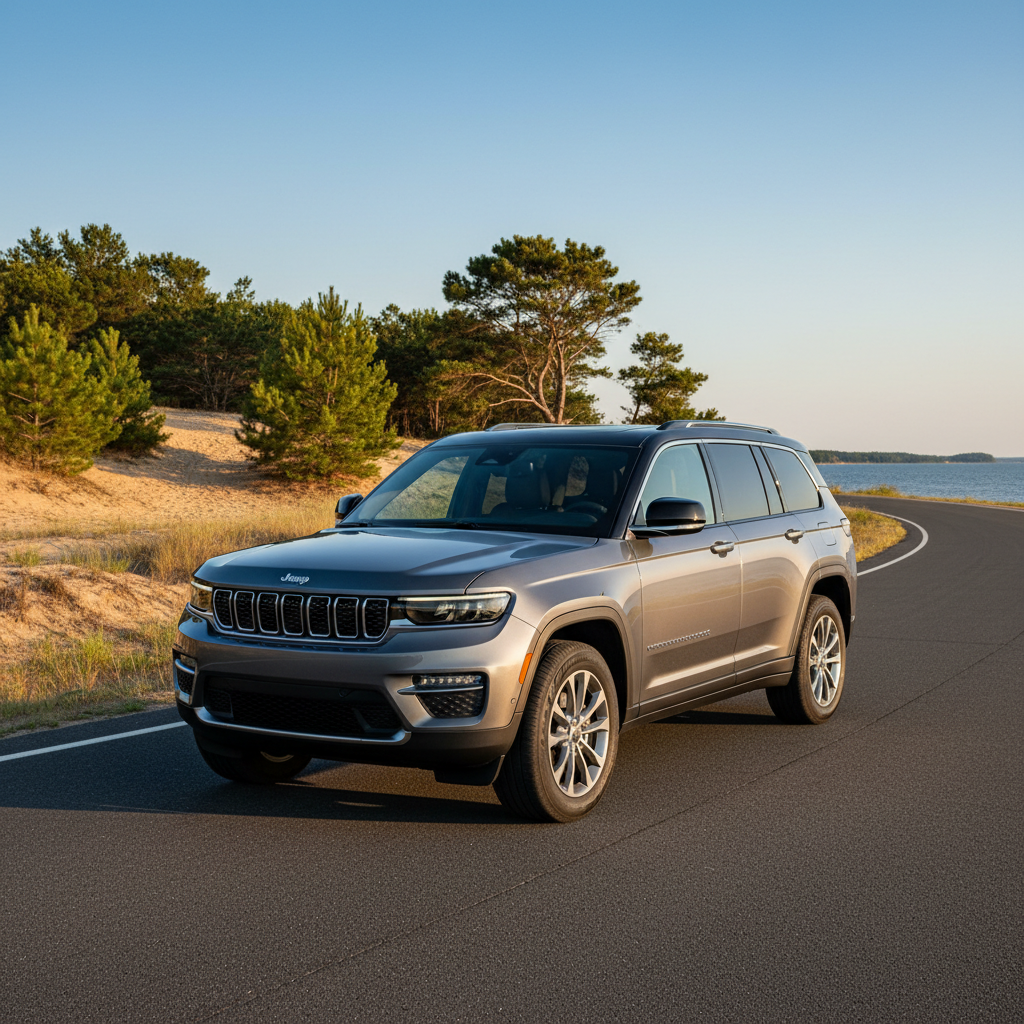 Silver Jeep Grand Cherokee L on winding road near lake and dunes.