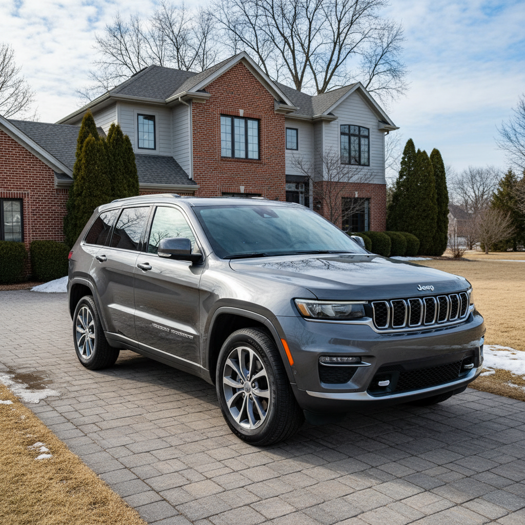 Gray Jeep Grand Cherokee parked on a brick driveway in front of a two-story house.
