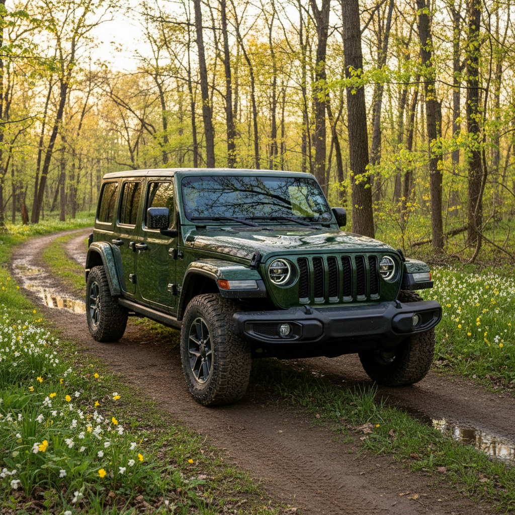 Green Jeep Wrangler Unlimited off-roading on a dirt trail through a forest.