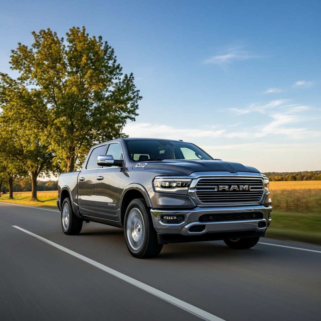 Gray Ram 1500 driving on a road with trees and field in background.