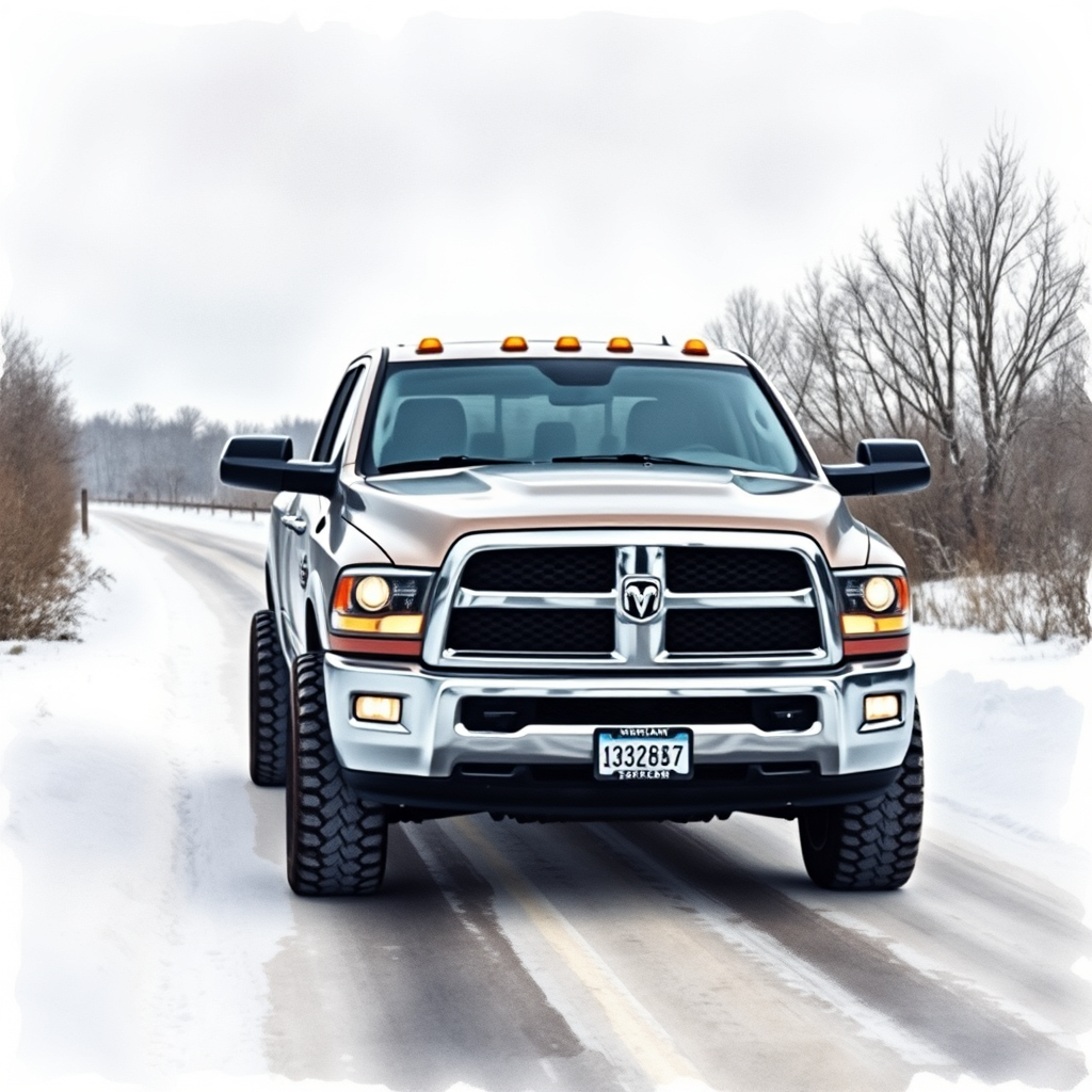 Ram truck with snow tires on a snowy road in Northwest Indiana