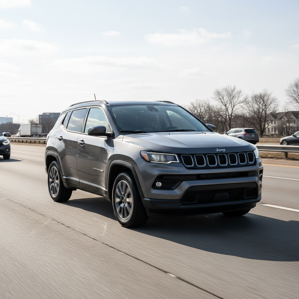 Gray Jeep Compass SUV driving on a highway on a sunny day.