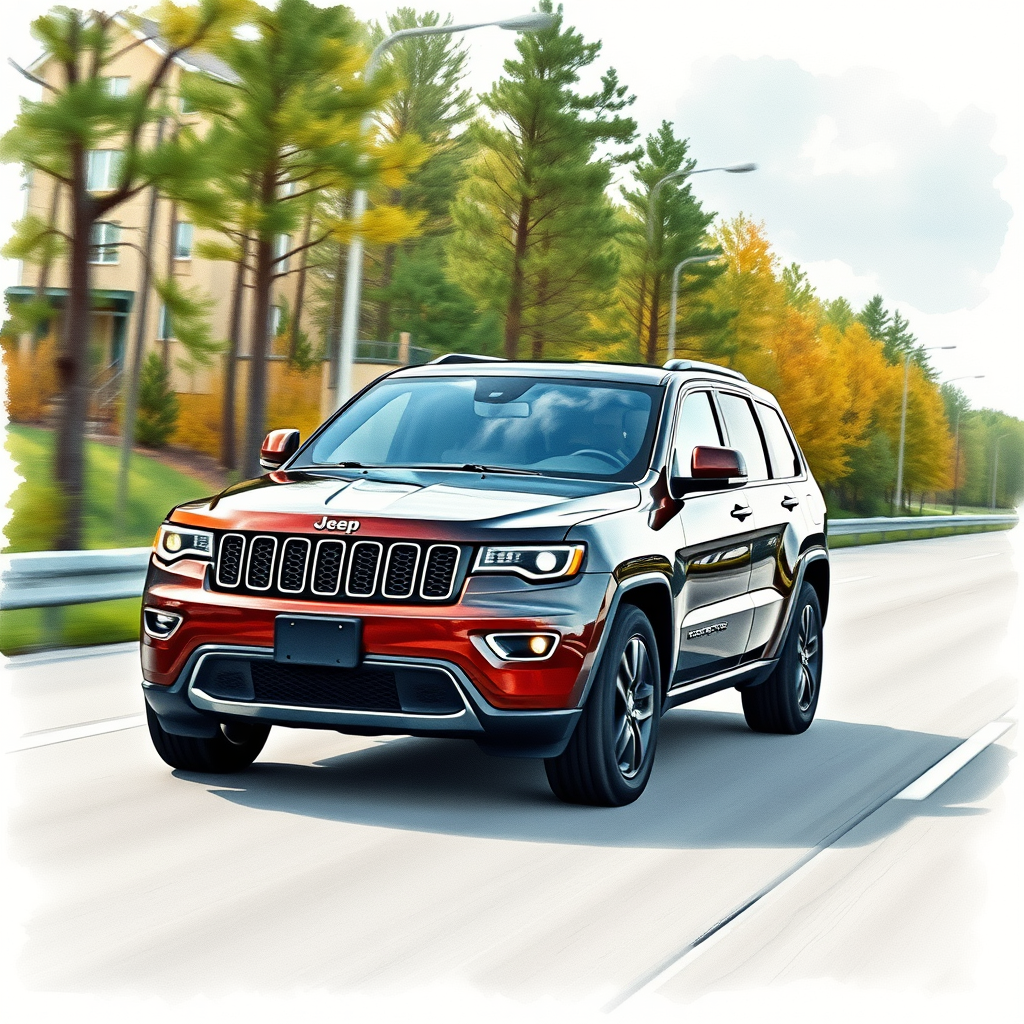 Jeep Grand Cherokee driving on a road lined with trees.