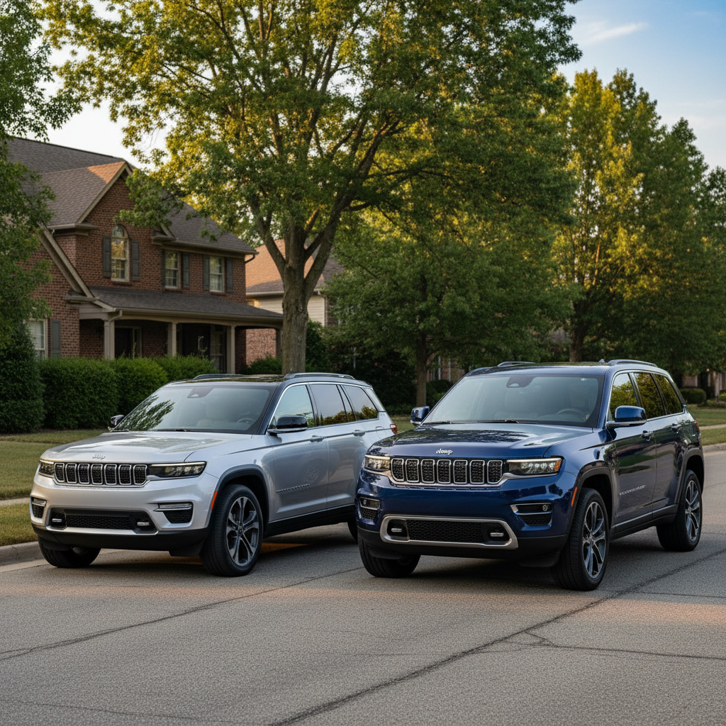 Silver and blue Jeep Grand Cherokee L SUVs parked on a tree-lined street.
