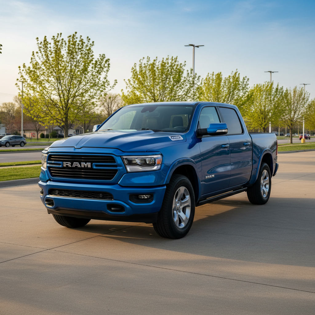 2026 Blue RAM 1500 pickup truck parked on concrete