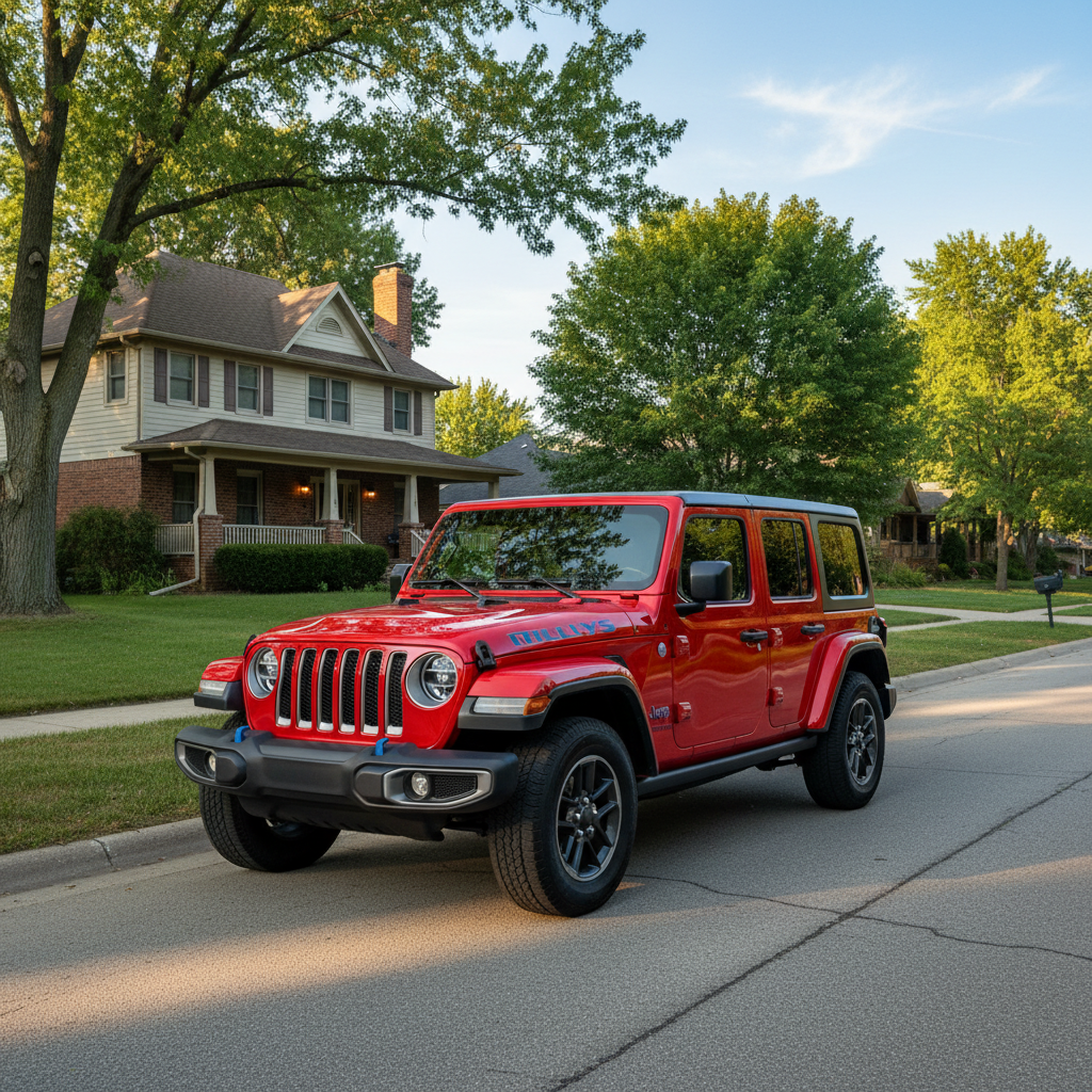 Red Jeep Wrangler in Suburban Setting