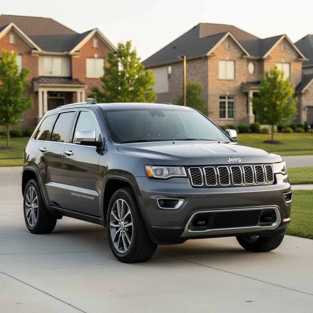 Gray Jeep Grand Cherokee parked on a concrete driveway in front of brick houses.
