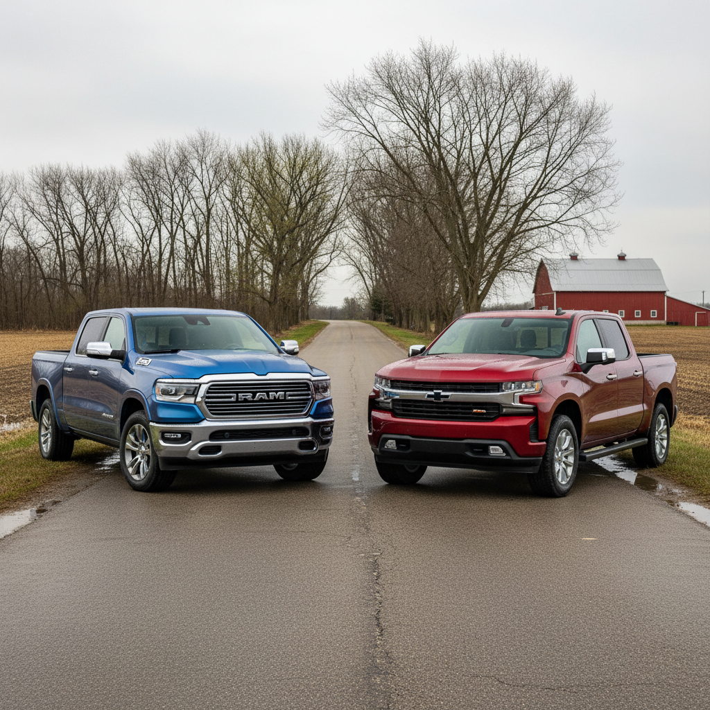 Blue Ram and red Chevrolet trucks parked on a rural road