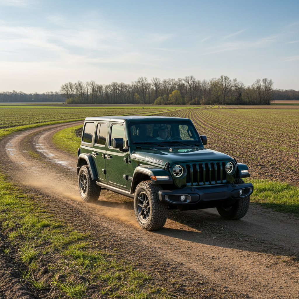 Green Jeep Wrangler Willys driving on dirt road through a field.