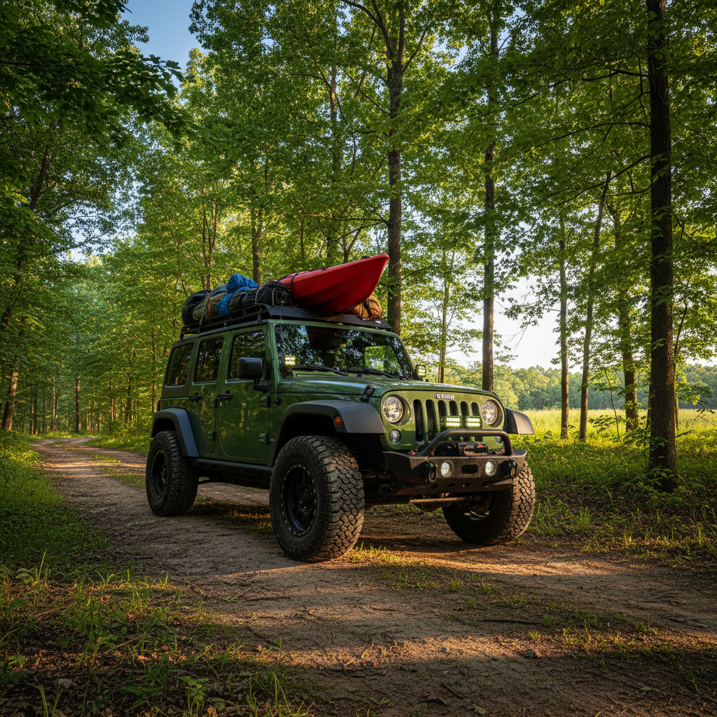 Green Jeep Wrangler with kayak on roof rack parked on a dirt road in the woods.