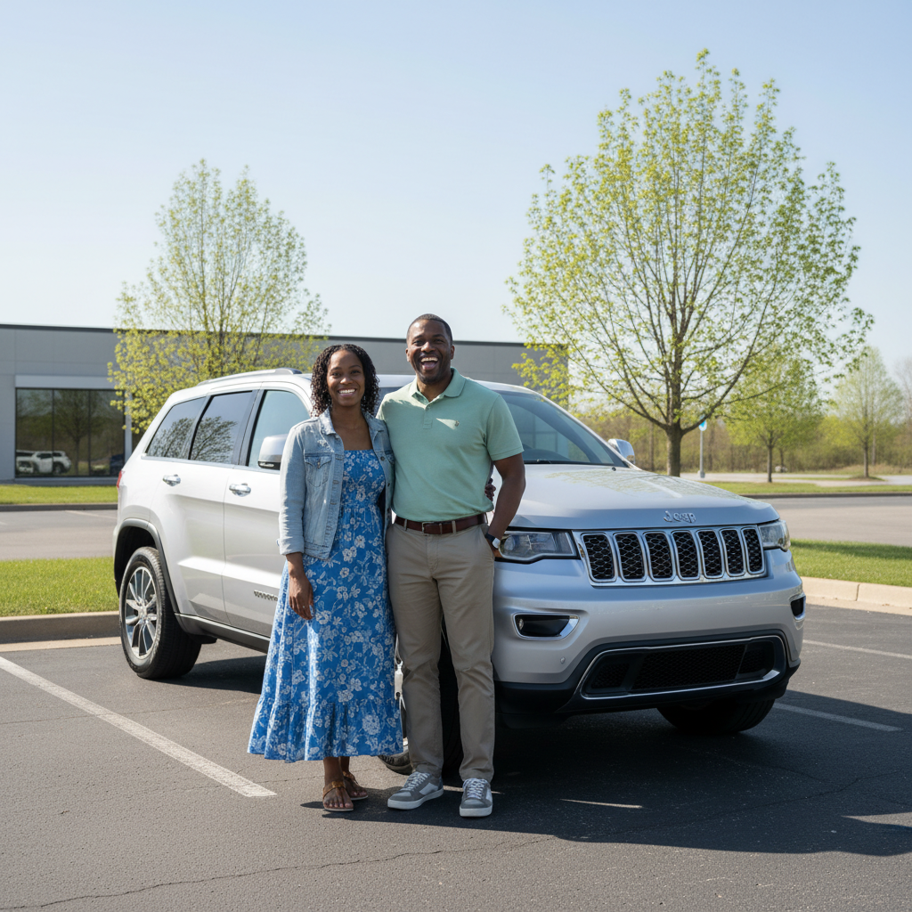 Couple smiling in front of a silver Jeep SUV outdoors.