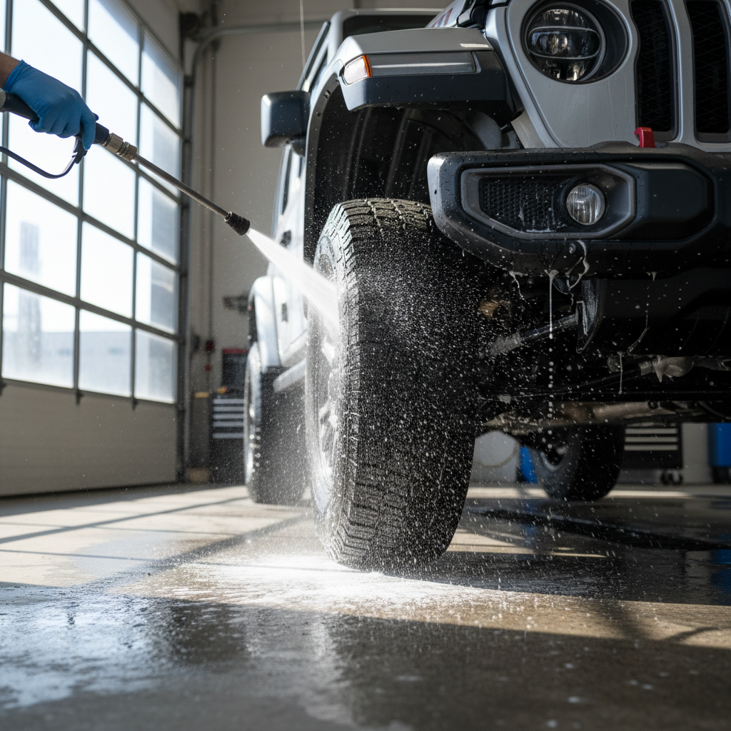 Car tire being pressure washed in garage with bright sunlight.