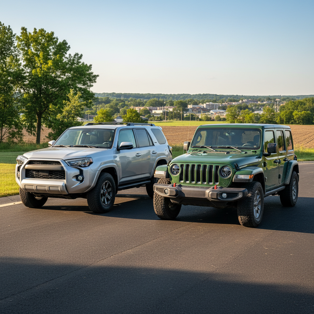 Silver Toyota 4Runner and green Jeep Wrangler parked on asphalt.
