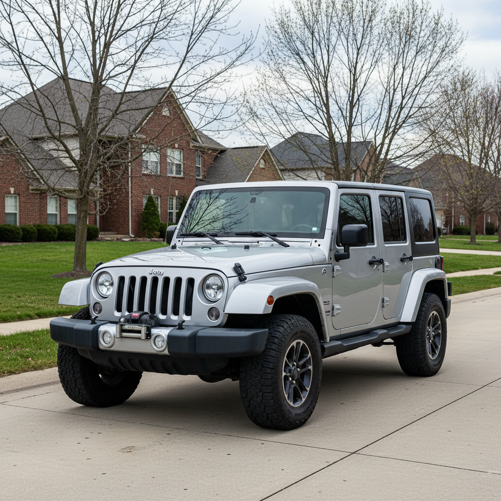 Silver Jeep Wrangler Unlimited parked on a suburban street.