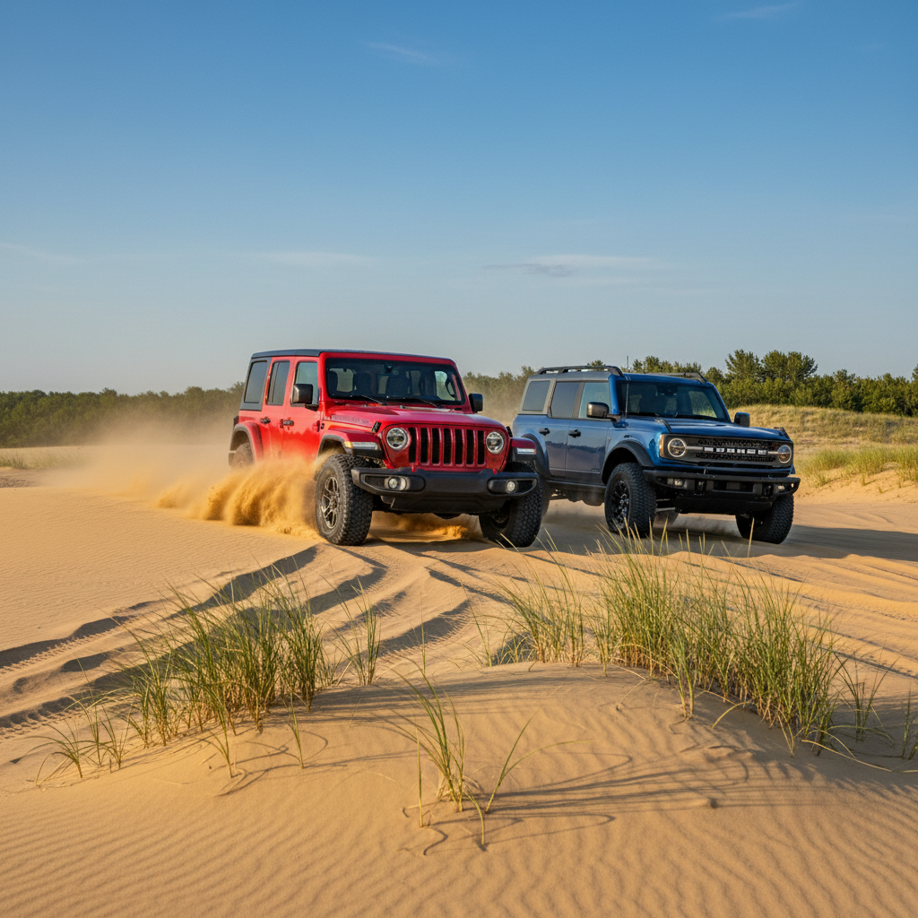 Off-road Jeep Wrangler in sand dunes.
