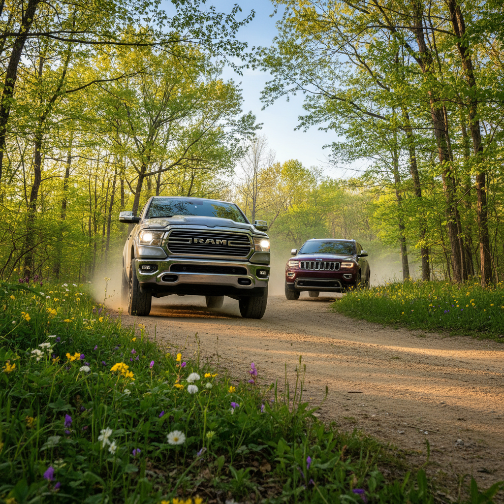 RAM 1500 pickup truck and a sleek Jeep Grand Cherokee SUV drive confidently along a winding dirt road