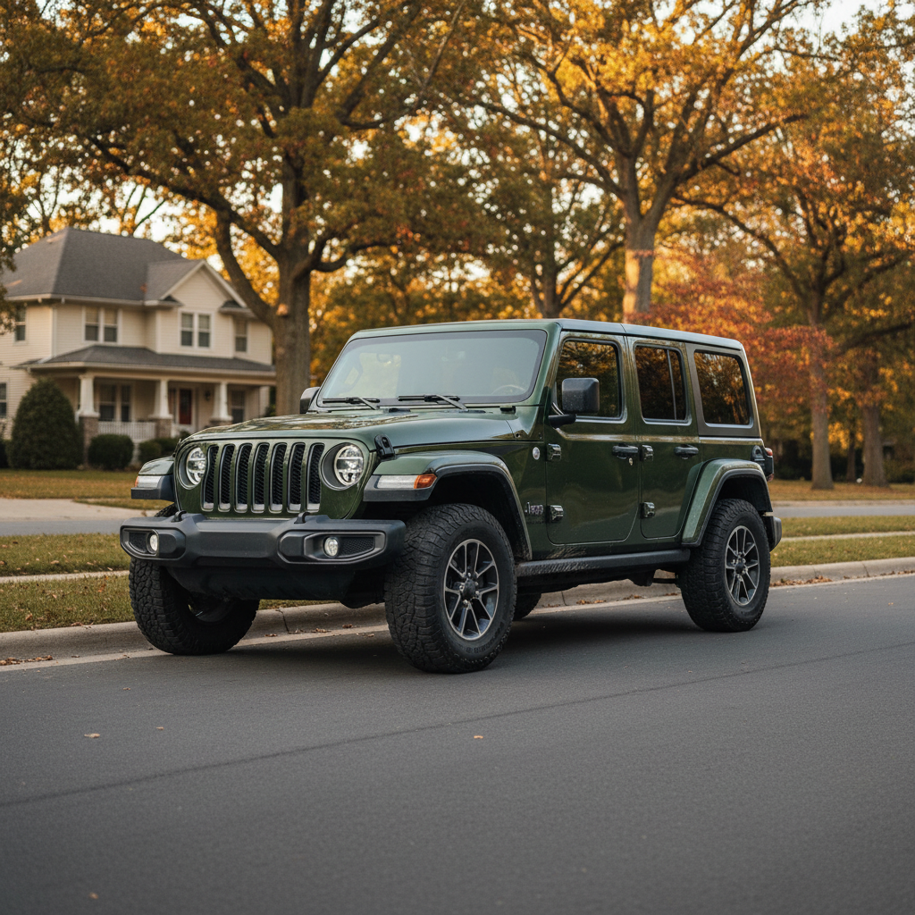 Green Jeep Wrangler on Autumn Street