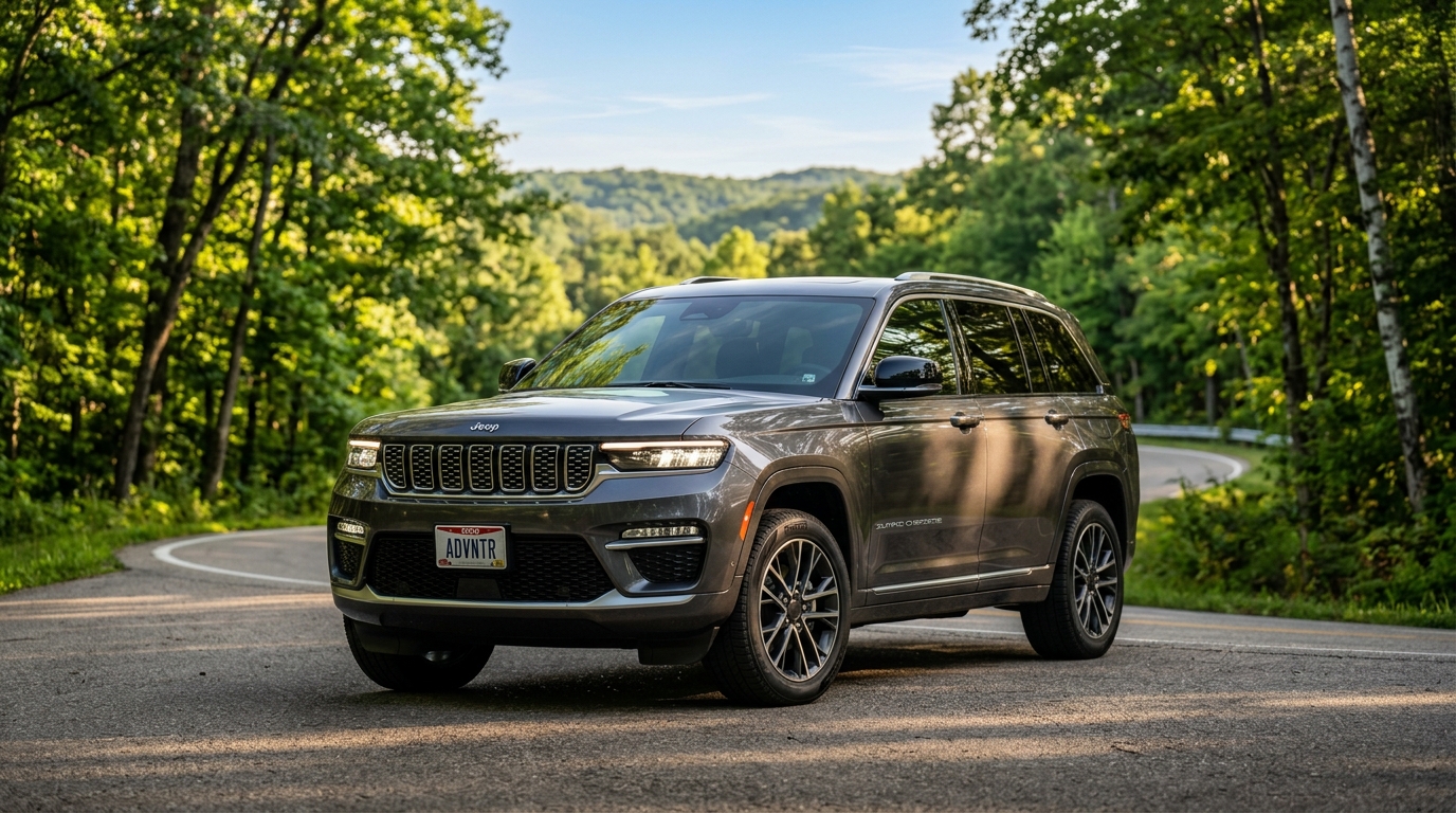 A gray Jeep Grand Cherokee parked on a winding forest road with sunlight filtering through the trees.