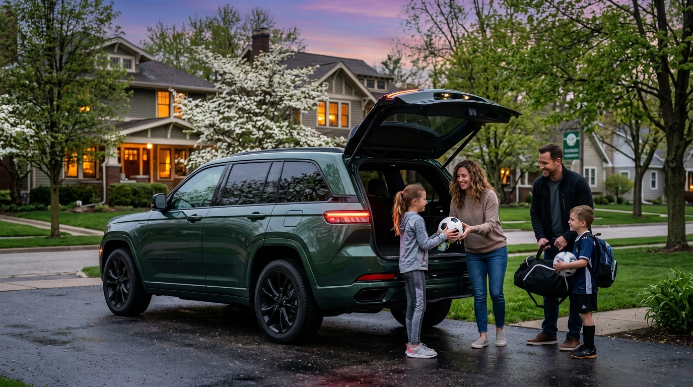 A family unloading soccer gear from a green SUV in a suburban driveway at dusk.