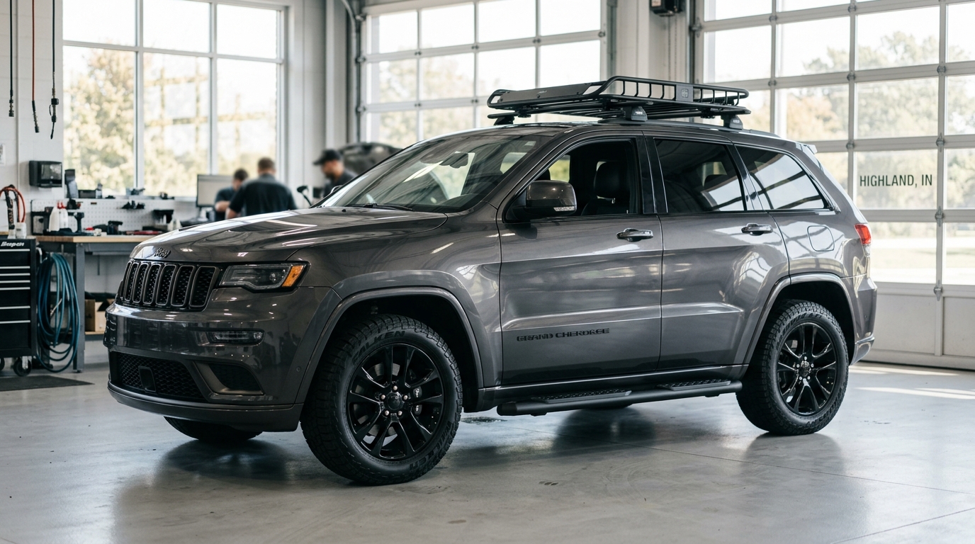 Grey Jeep Grand Cherokee with a roof rack and black rims inside a garage.