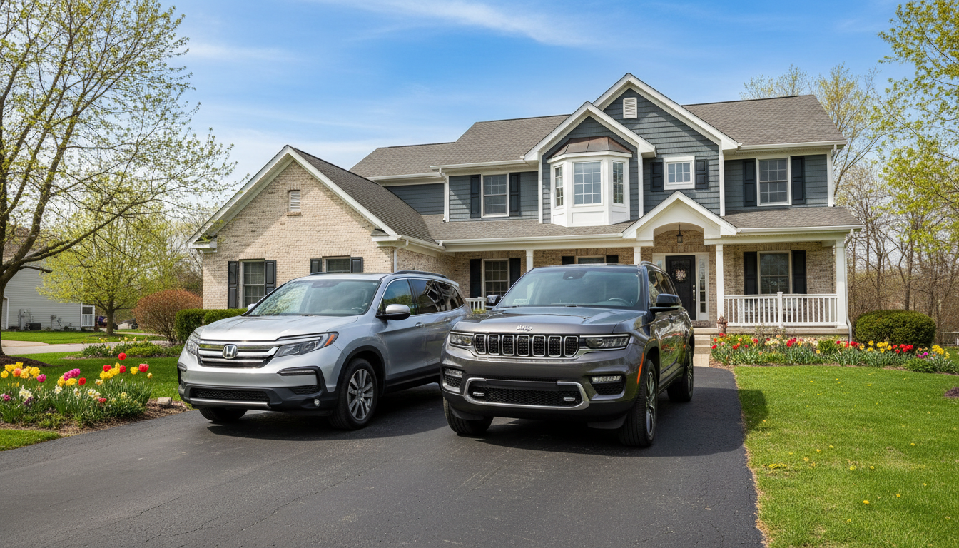 Two SUVs parked in front of a two-story house with colorful flowerbeds.