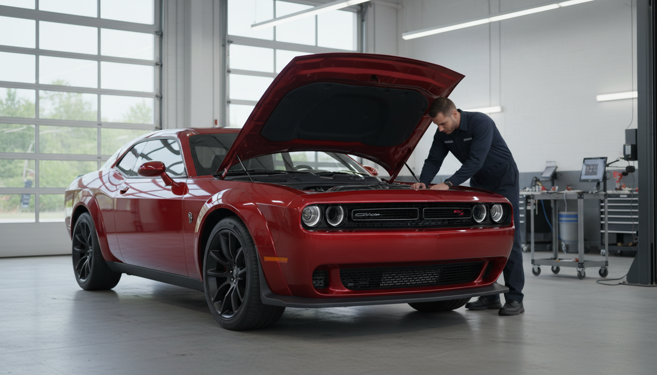 Red Dodge Challenger with open hood being inspected by mechanic.