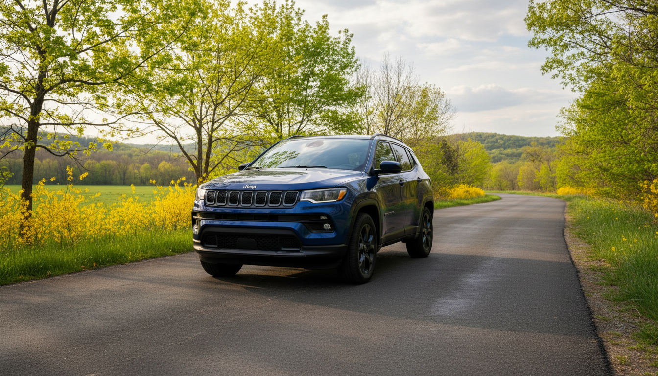 Blue Jeep Compass parked on winding road in springtime. Yellow flowers blooming along roadside.