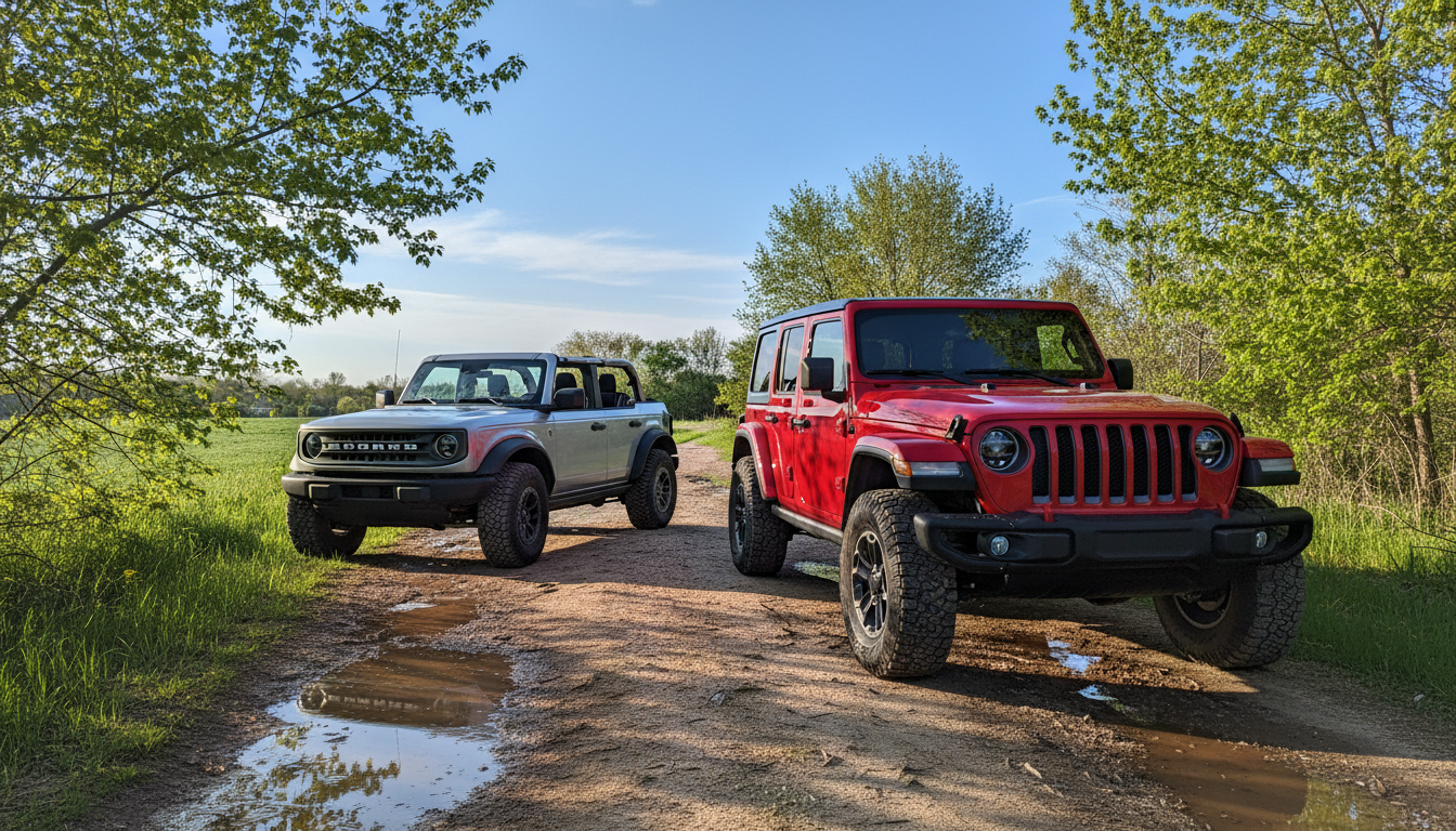 dynamic eye-level shot captures a vibrant silver 2026 Ford Bronco and a contrasting rugged red 2026 Jeep Wrangler parked side-by-side
