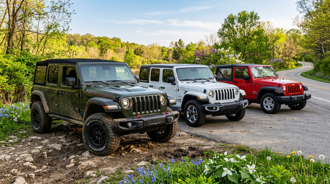 Three Jeep Wranglers in green, white, and red parked on a scenic roadside near a wooded area.