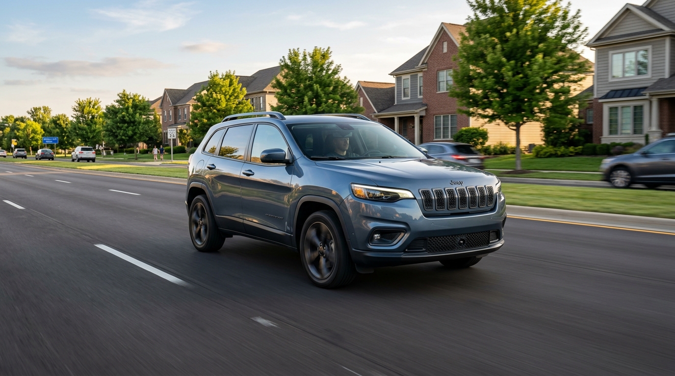 A gray Jeep Cherokee driving along a multi-lane suburban road past residential houses during sunset.