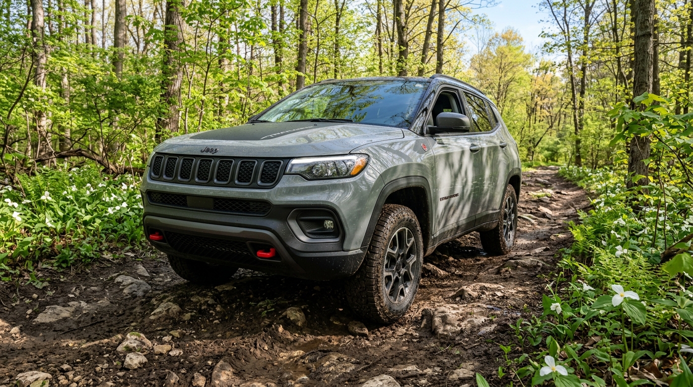 A gray Jeep Compass Trailhawk driving on a rocky dirt path through a lush green forest.