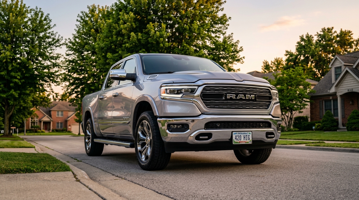 Silver RAM pickup truck parked on a suburban street at sunset.