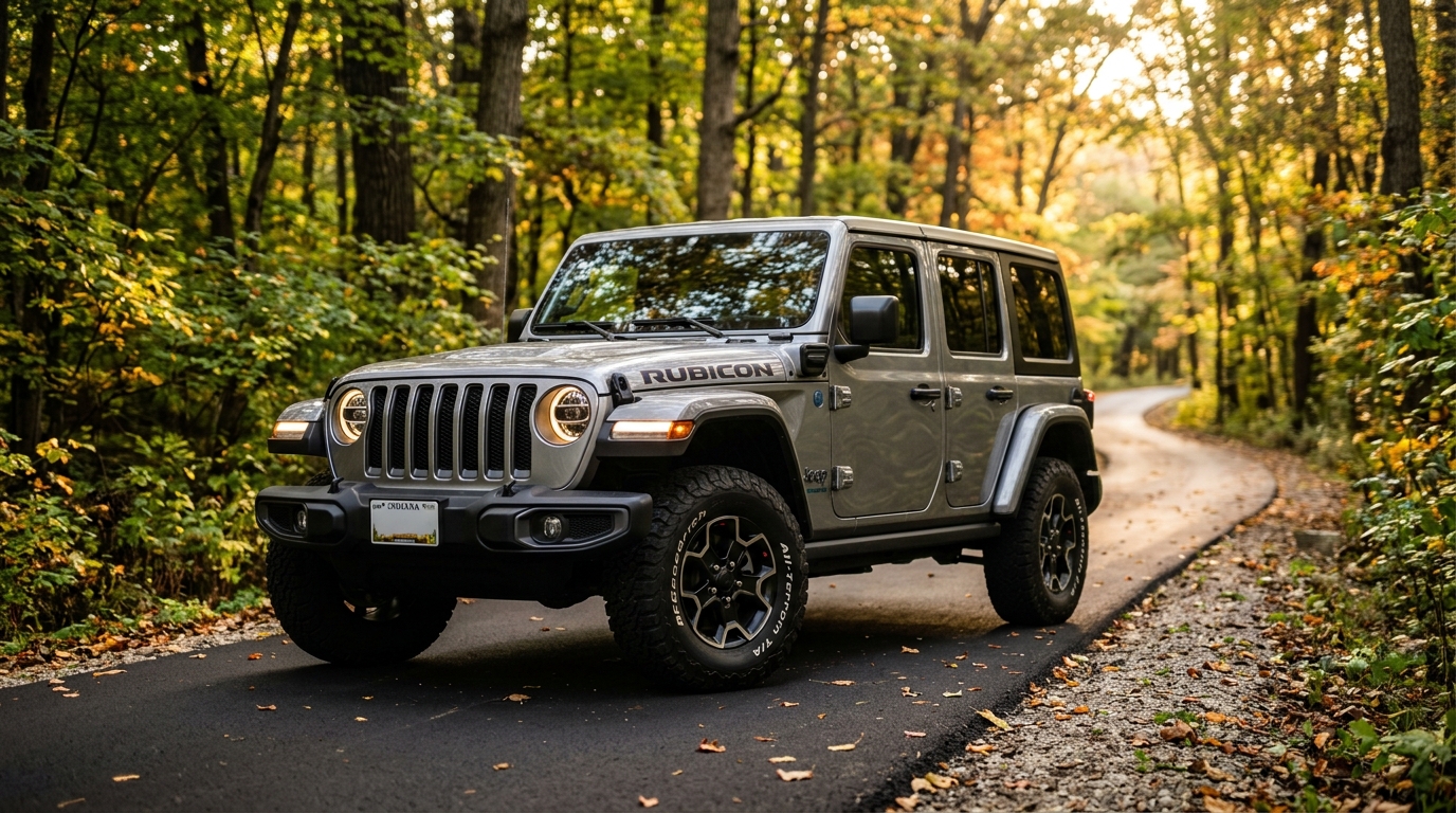 Silver Jeep Wrangler Rubicon parked on a narrow paved road through an autumn forest.