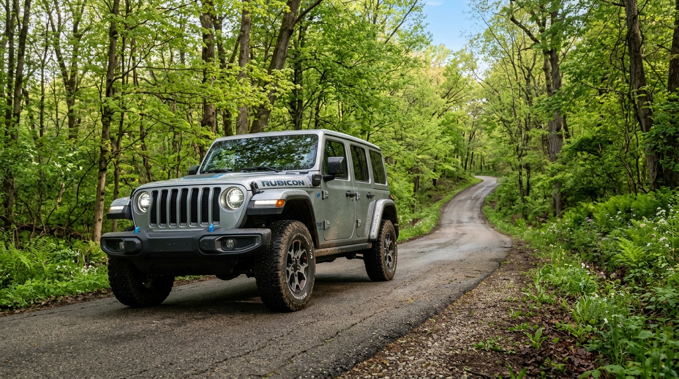 A silver Jeep Wrangler Rubicon parked on a narrow paved road winding through a lush green forest.