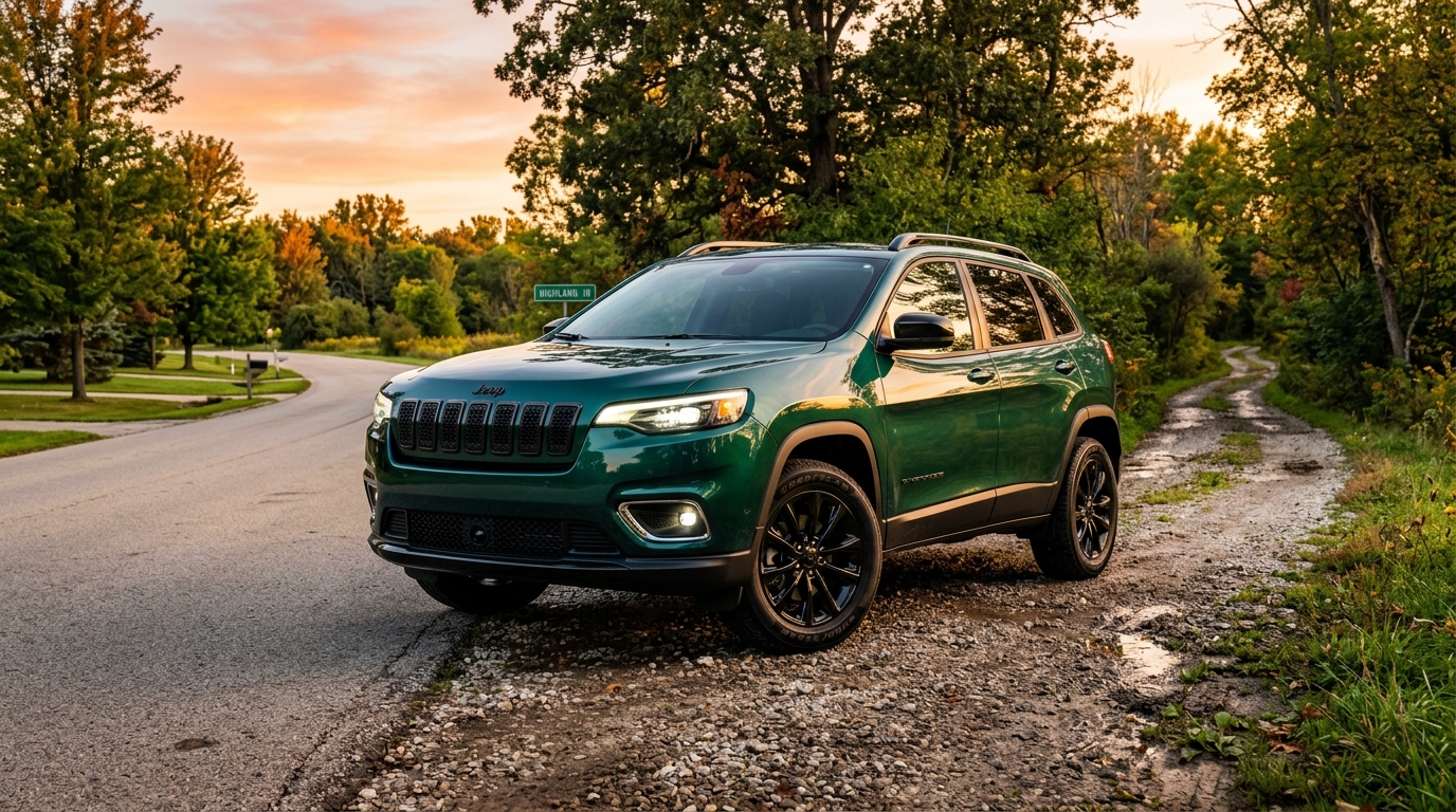 Green Jeep Cherokee parked at a junction between a paved road and a dirt path at sunset.