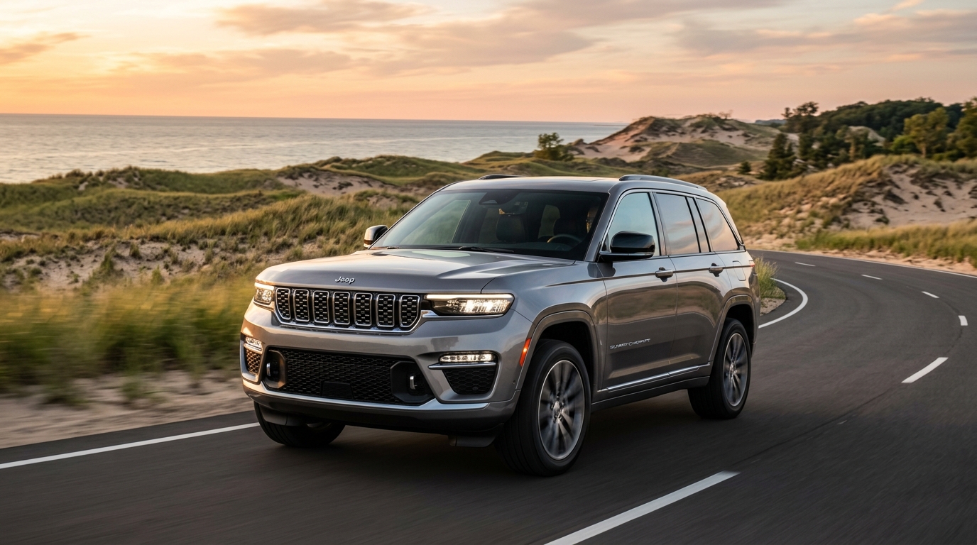 A silver Jeep Grand Cherokee driving along a winding coastal road at sunset.