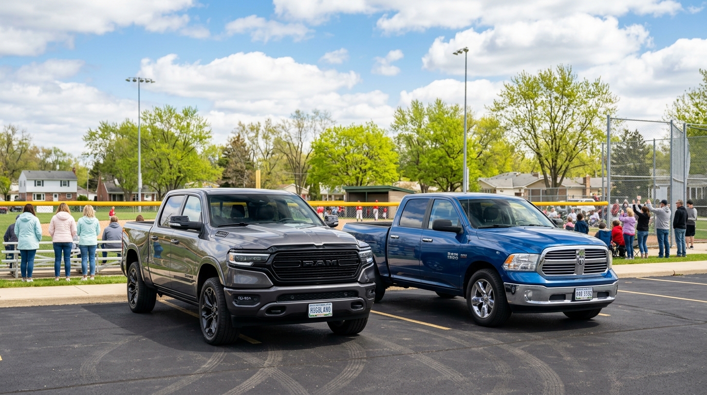 A gray Ram 1500 and a blue Ram 1500 parked in a lot overlooking a youth baseball game.
