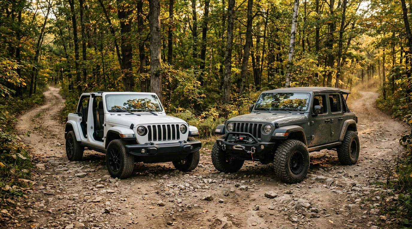 Two Jeep Wranglers parked on a rocky dirt path in a lush green forest.