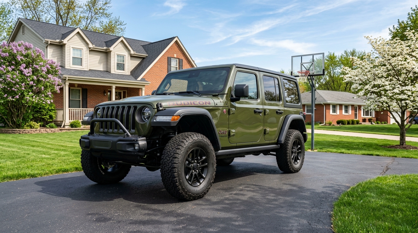 Green Jeep Wrangler Rubicon parked in a suburban driveway in front of a house.