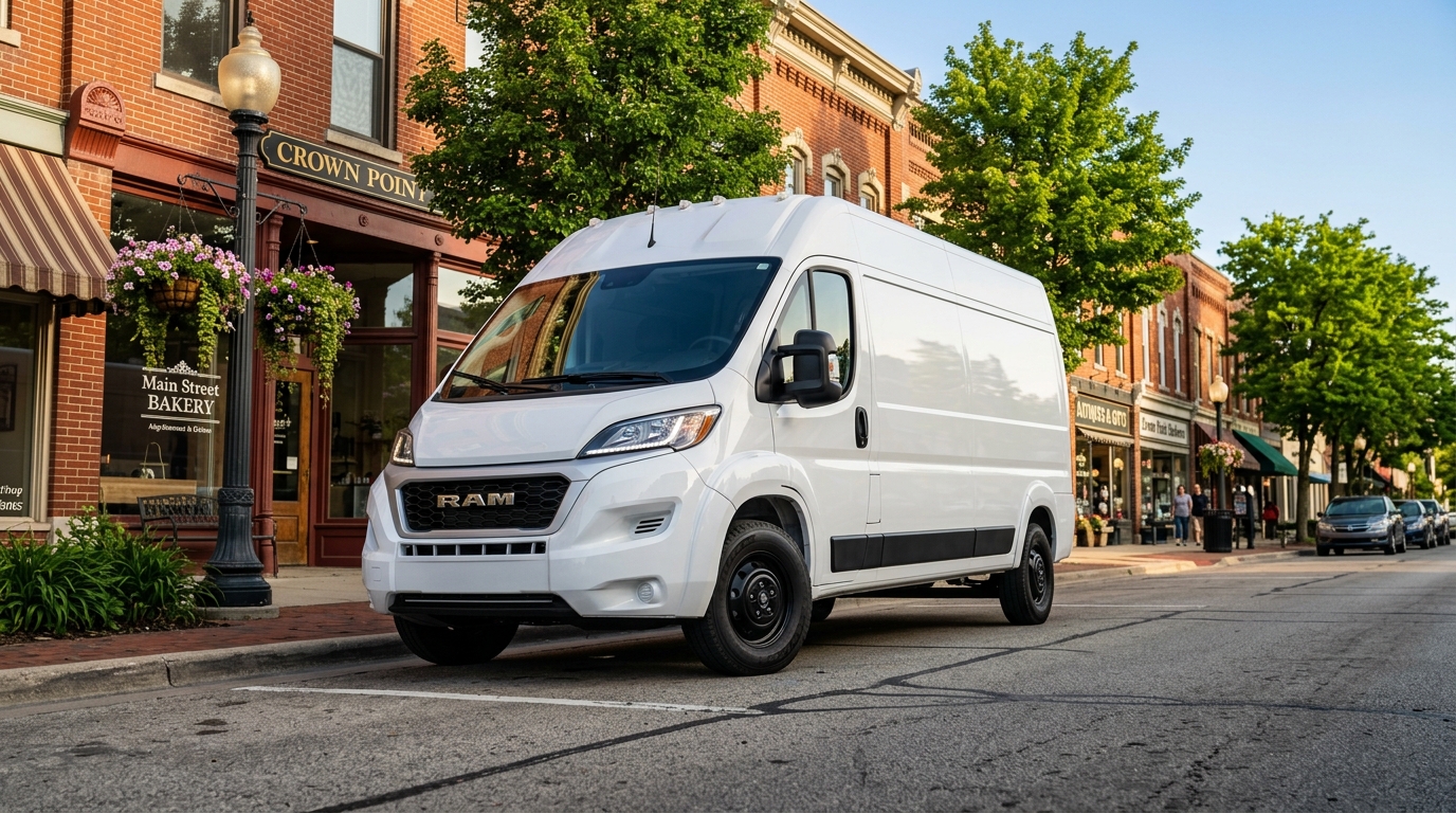 A white Ram ProMaster cargo van parked on a brick-paved town street in front of a bakery.