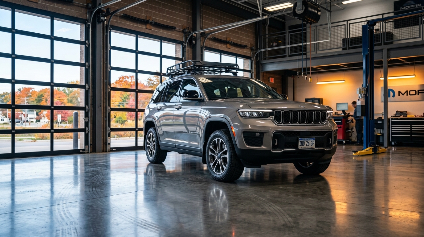 A silver Jeep Grand Cherokee with a roof rack parked inside a bright service garage.