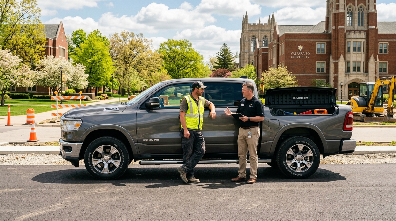 Two men standing by a gray Ram truck at Valparaiso University construction site.