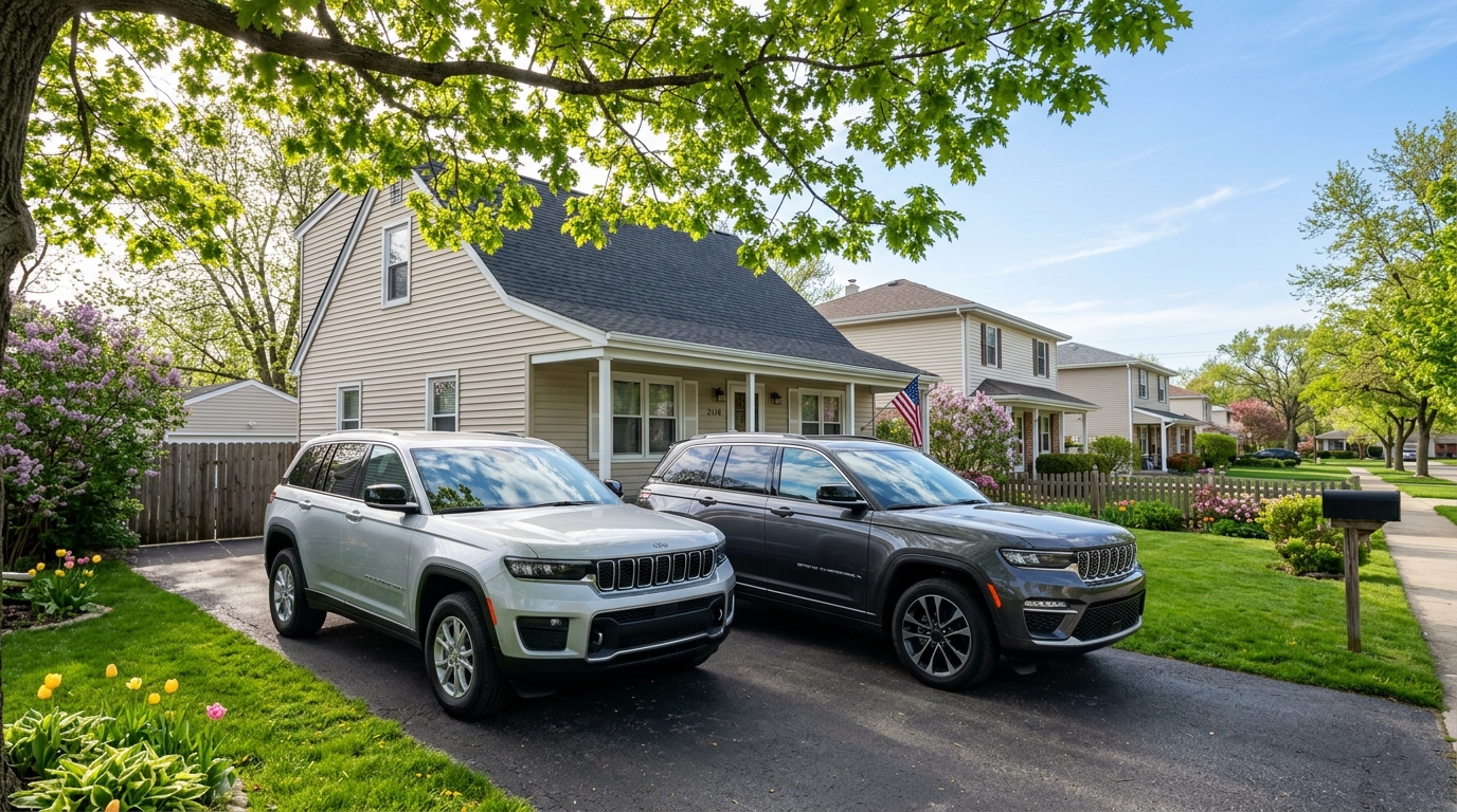 Two Jeep Grand Cherokees, one silver and one charcoal, parked in a suburban driveway in front of a tan house.