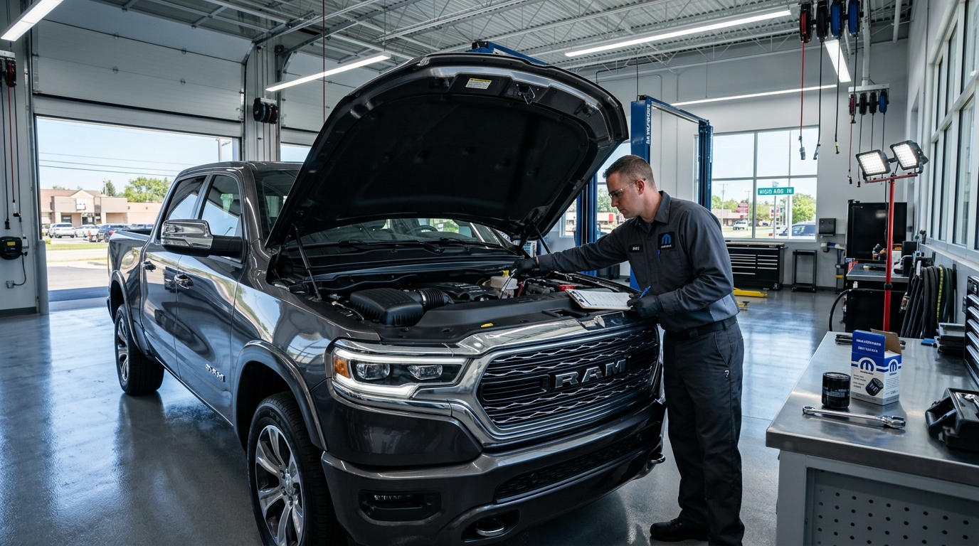 A mechanic inspecting a RAM truck engine inside a clean, modern automotive service bay.