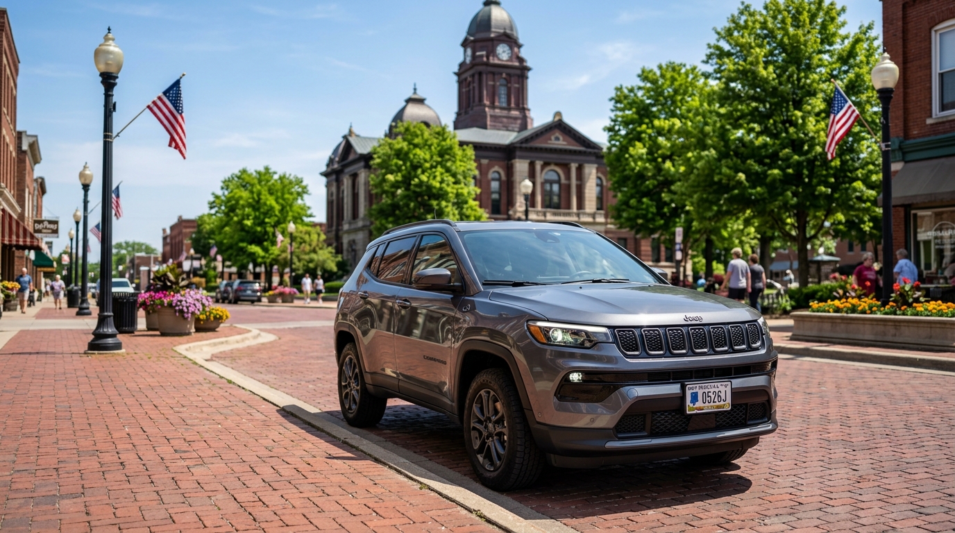 A gray Jeep Compass parked on a brick street in a historic American downtown square with a courthouse in the background.
