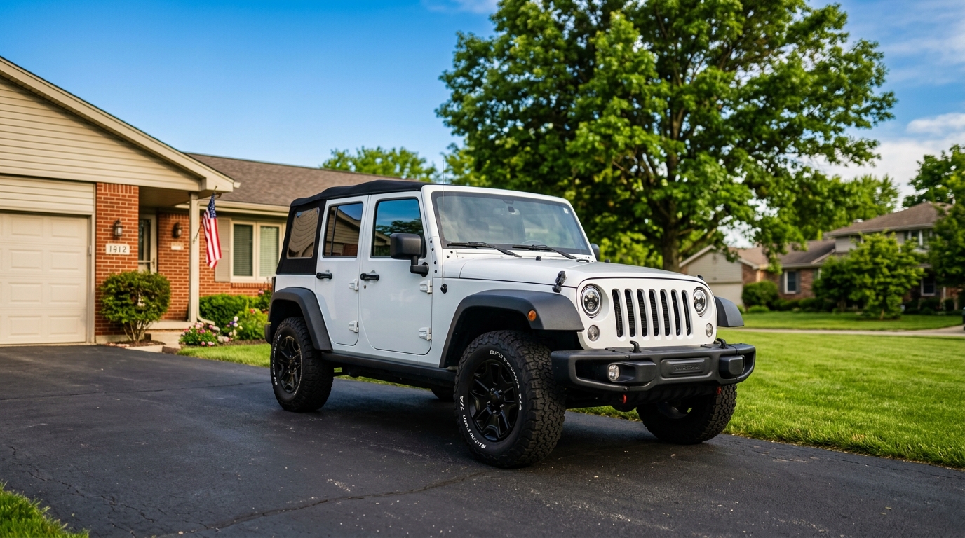 White Jeep Wrangler parked on a driveway in front of a suburban house with an American flag.